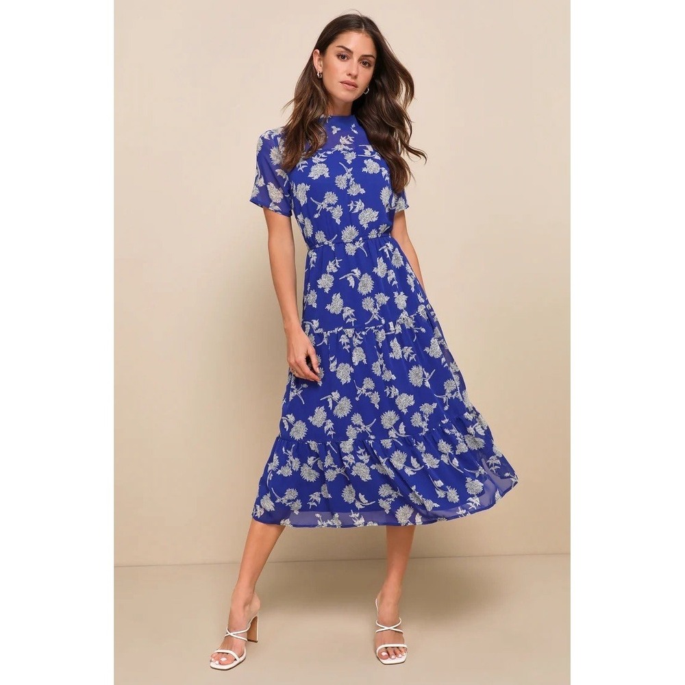 Lulus Royal Blue Floral Mock Neck Tiered Midi Dress Extra Large XL Short Sleeve⁠ - Picture 8 of 8